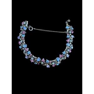 Vintage Hollycraft 1950 Signed Fruit Salad Green Pink Blue Rhinestone Bracelet